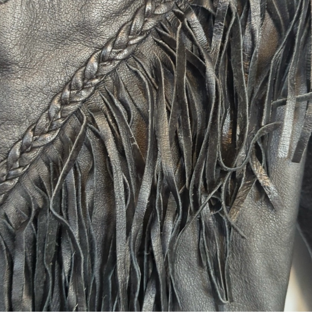 Vintage Leather Jacket  Black Fringe And Roses - Picture 3 of 6